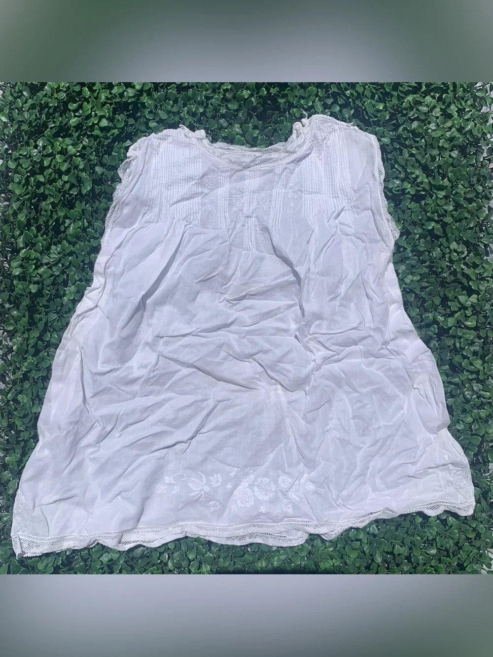 Antique baby infant white cotton sleeveless nightgown dress w/ lace & embroidery